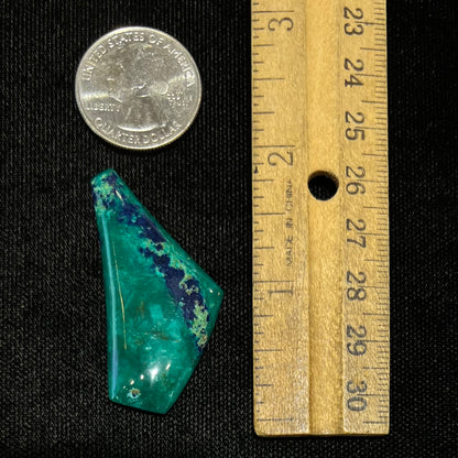 A loose triangular freeform cabochon cut green chrysocolla with blue azurite inclusions.