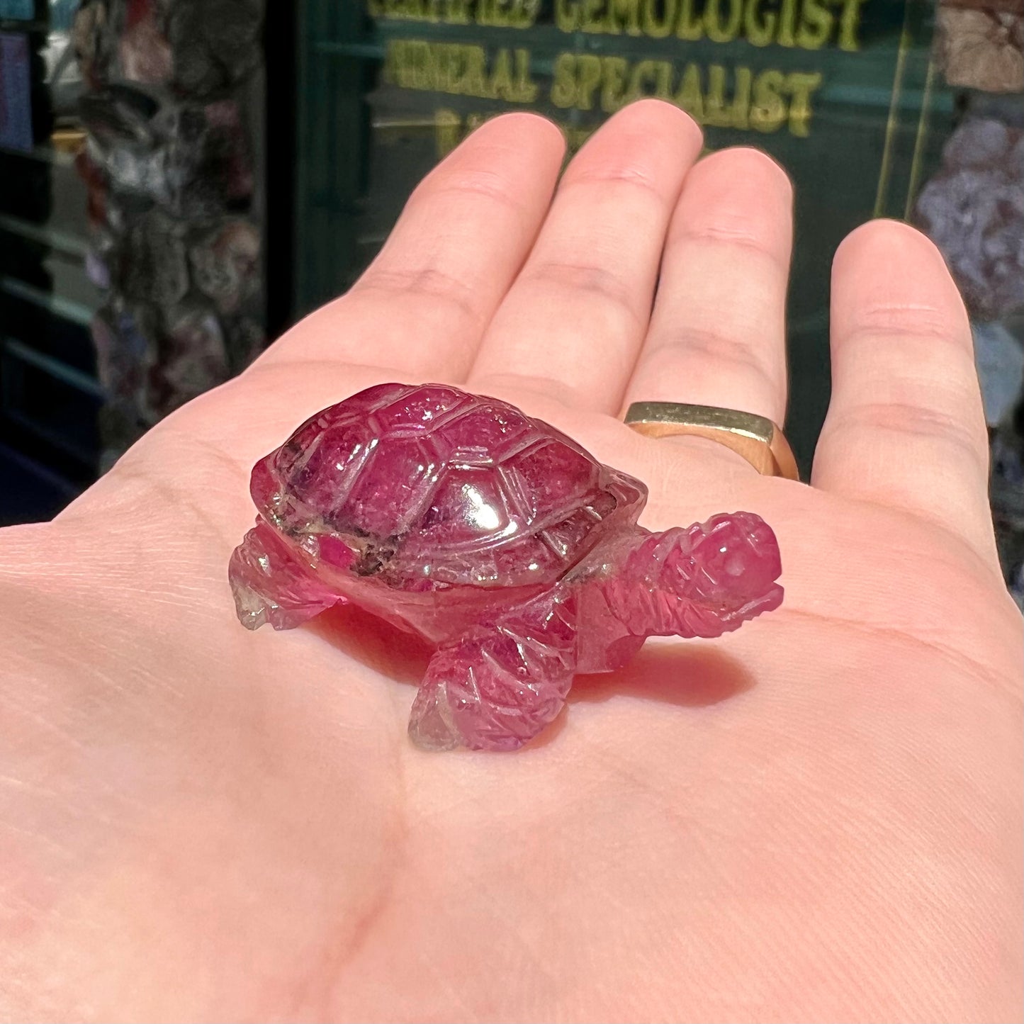 A crystal turtle carved from a pink tourmaline stone.