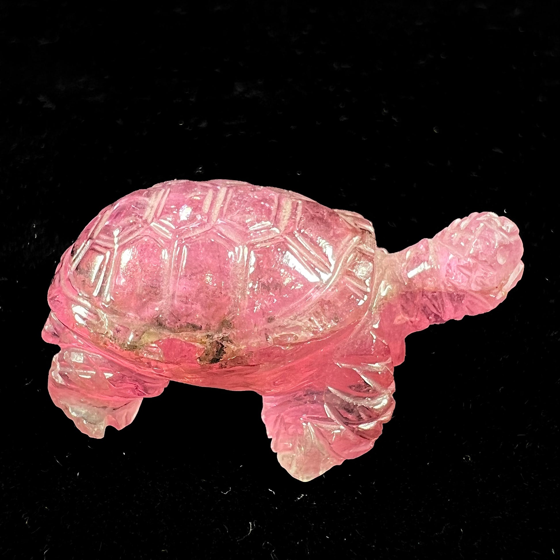 A crystal turtle carved from a pink tourmaline stone.