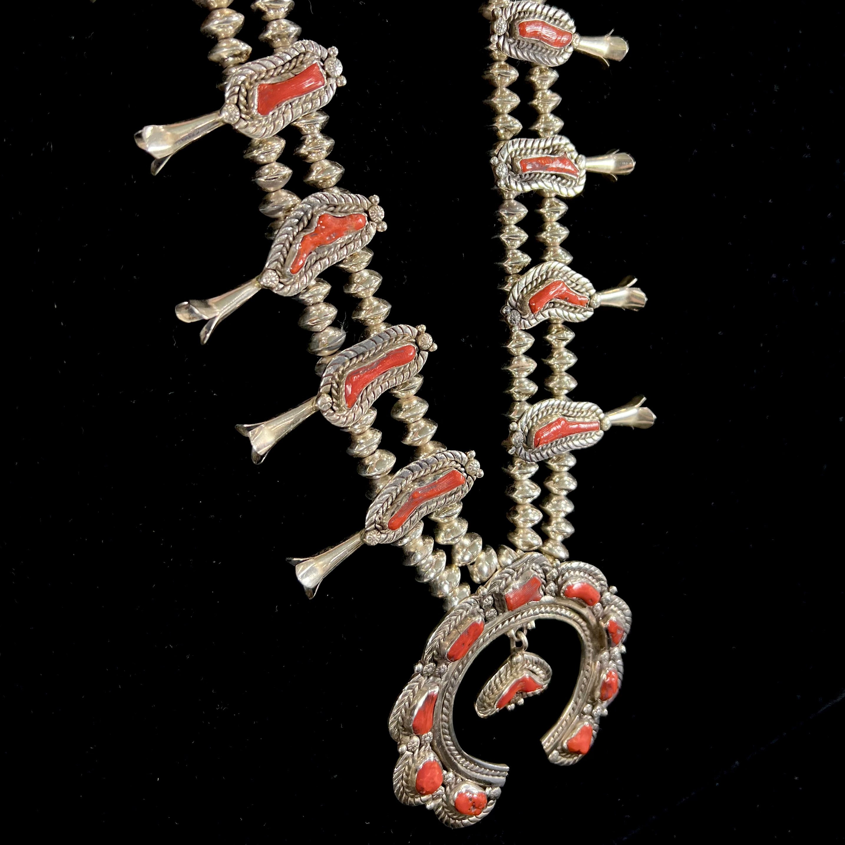 Vintage Native American Squash Blossom Sterling Silver Red Coral 26'  Statement Necklace 218.5g