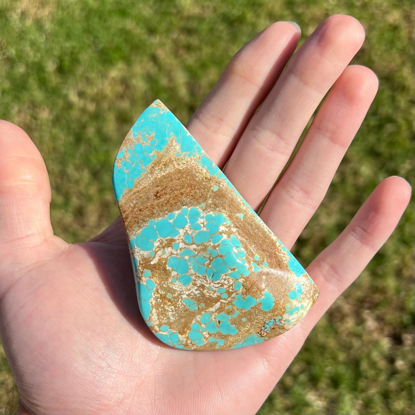 A large, polished turquoise specimen from the Cripple Creek mine.