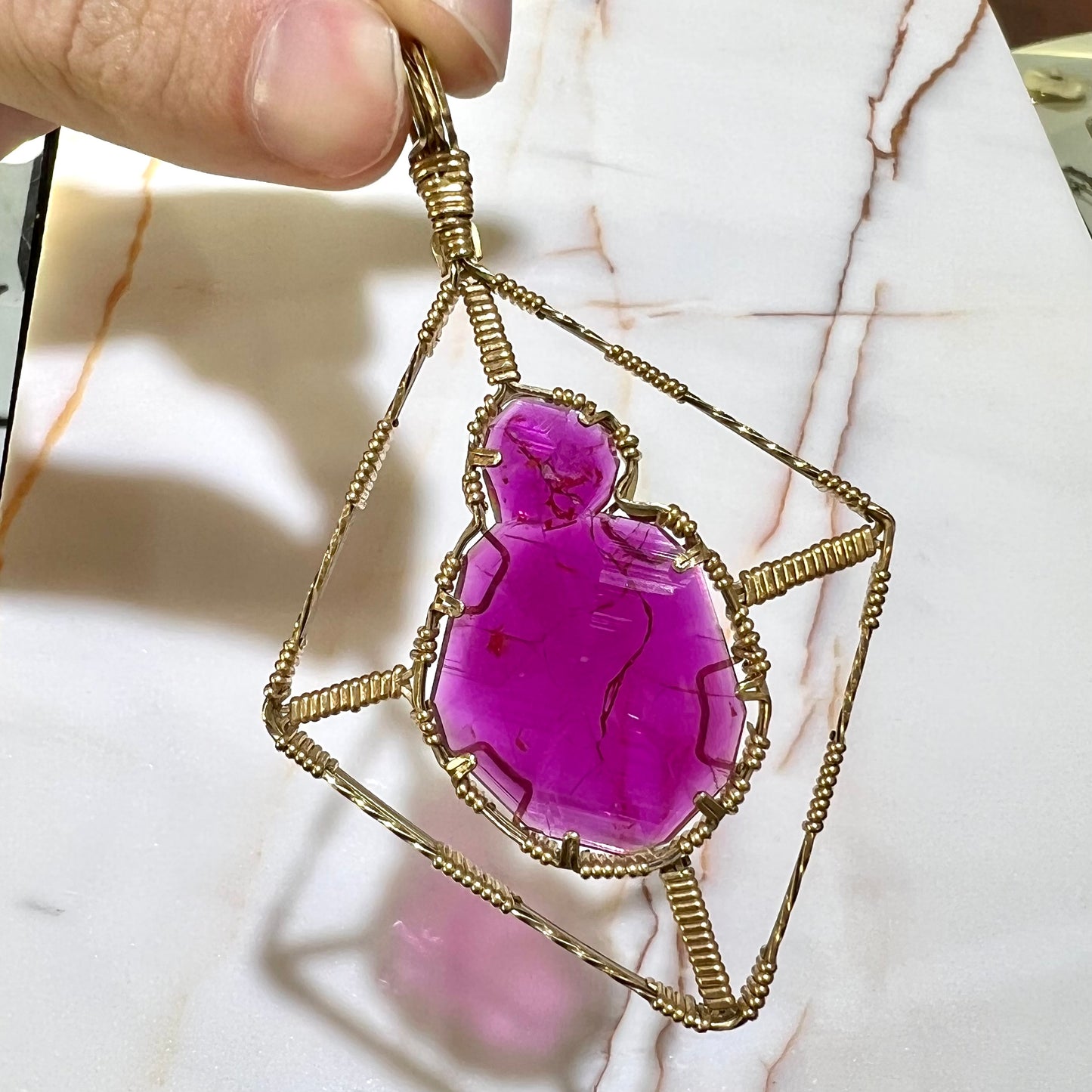 Synthetic Ruby Crystal Wire Wrap Pendant | Gold Filled
