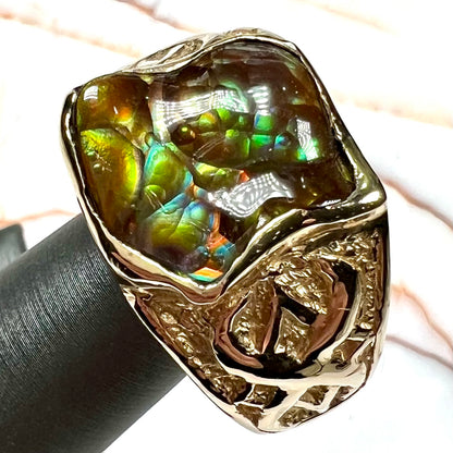 Custom, heavy yellow gold men's ring set with fire agate from Deer Creek, Arizona.