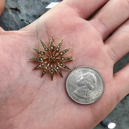 Victorian Diamond & Pearl Starburst Brooch | 14kt | Antique c.1800's