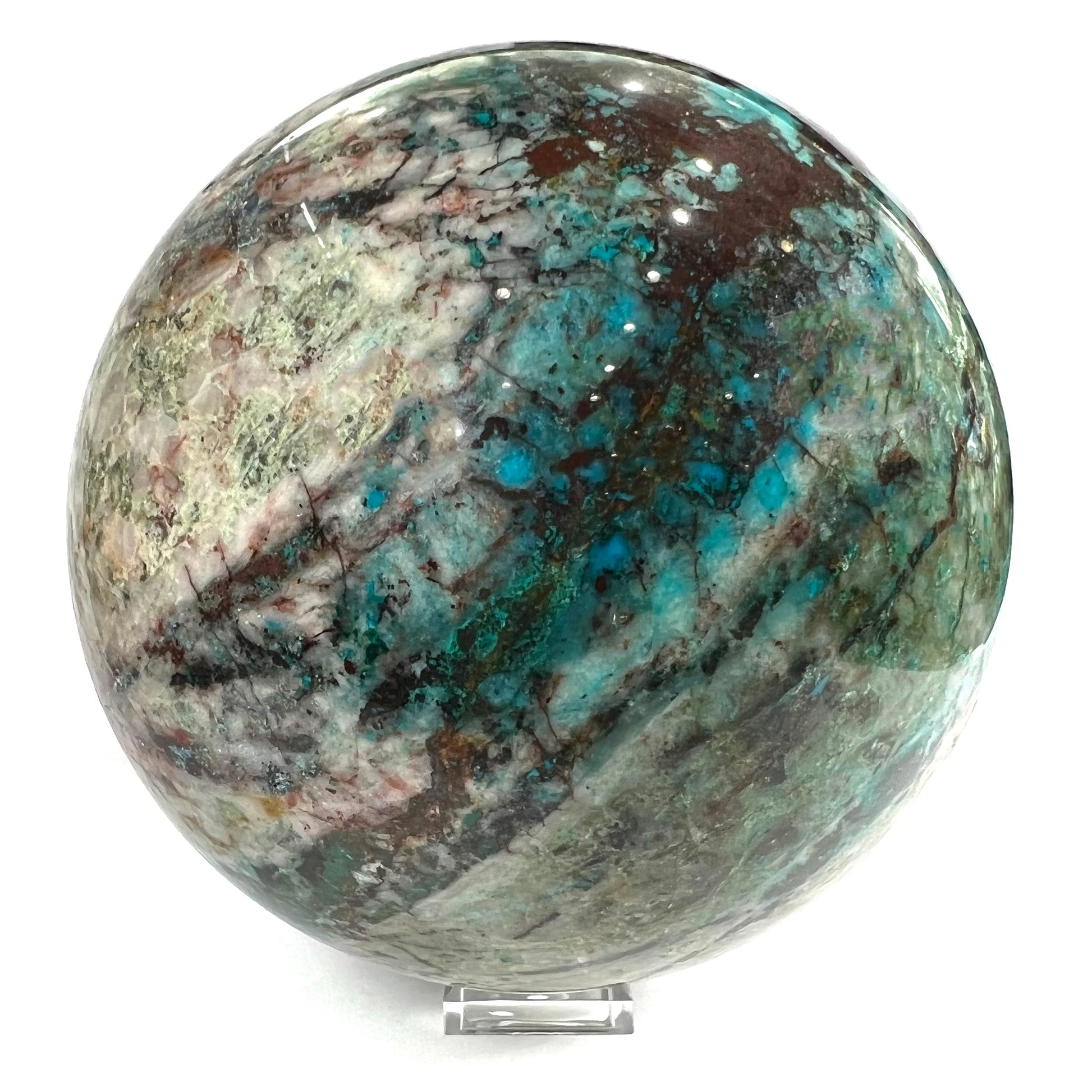 A stone sphere cut from Eilat Stone, mined in Israel.  Material contains turquoise, chrysocolla, azurite, malachite, and cuprite.