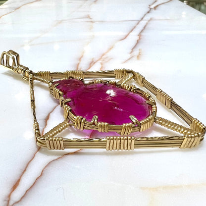 Synthetic Ruby Crystal Wire Wrap Pendant | Gold Filled