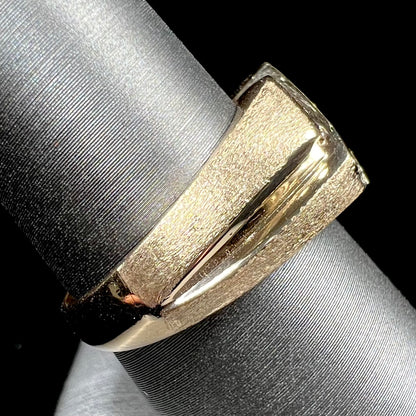 A men's yellow gold ring channel set with princess cut blue sapphires and diamonds.