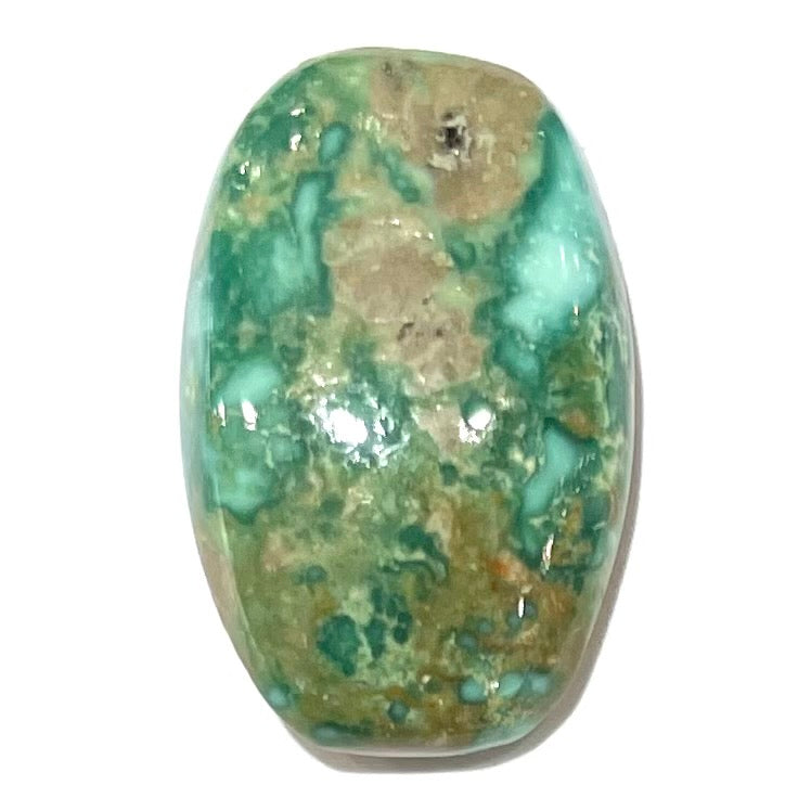 A green splotched turquoise barrel cabochon from Royston Mining District, Nevada.
