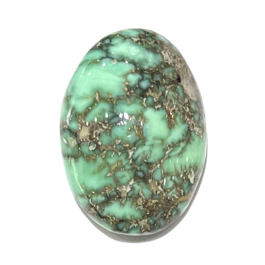 A loose, oval cabochon cut variscite stone from Utah, USA.