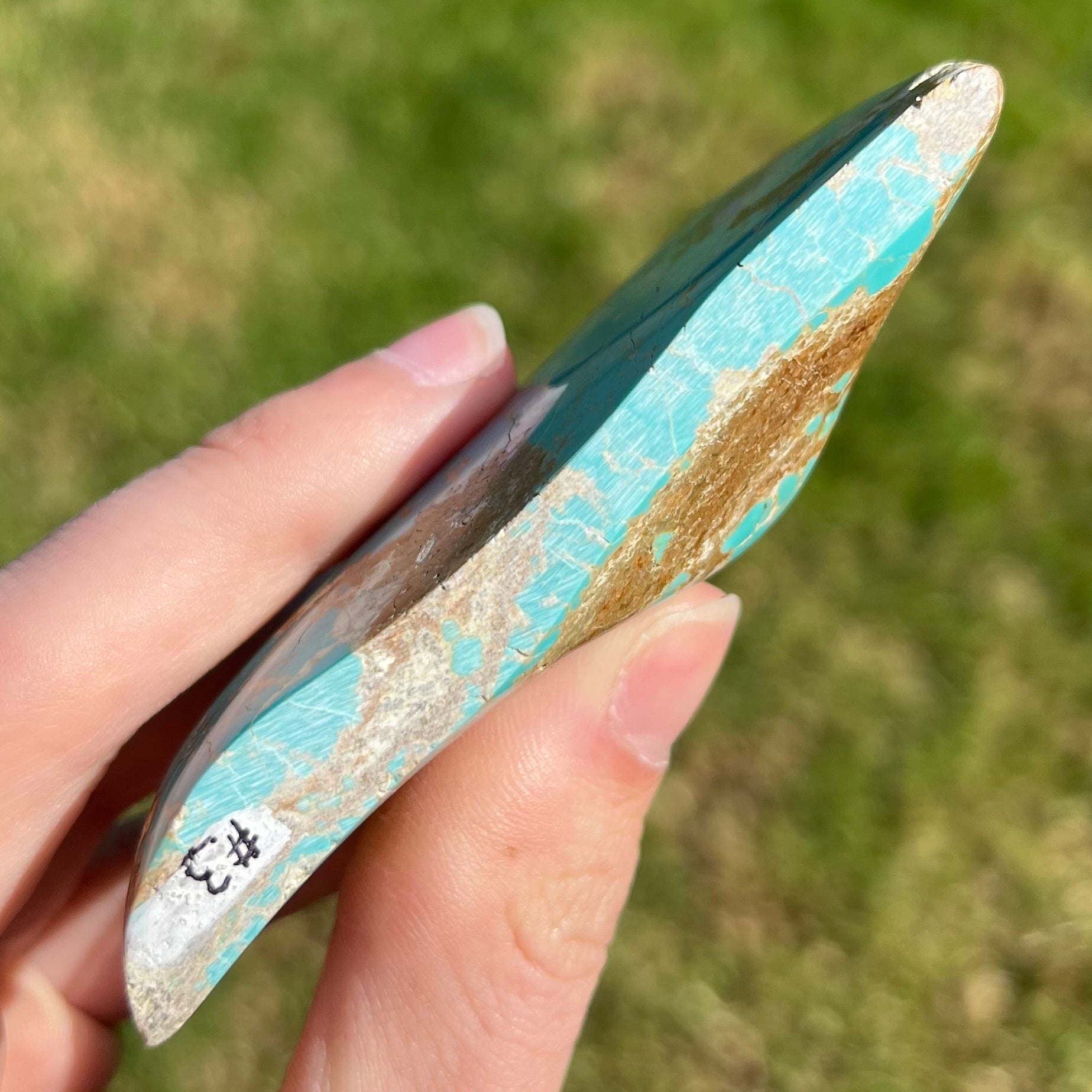 A large, polished turquoise specimen from the Cripple Creek mine.