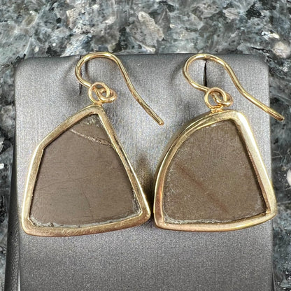 Yellow gold French wire dangle earrings bezel set with two polished freeform cut red ammolite fossils.