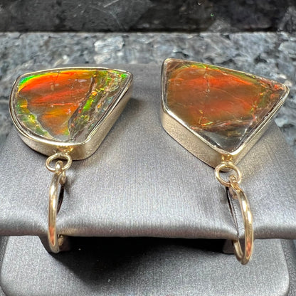 Yellow gold French wire dangle earrings bezel set with two polished freeform cut red ammolite fossils.