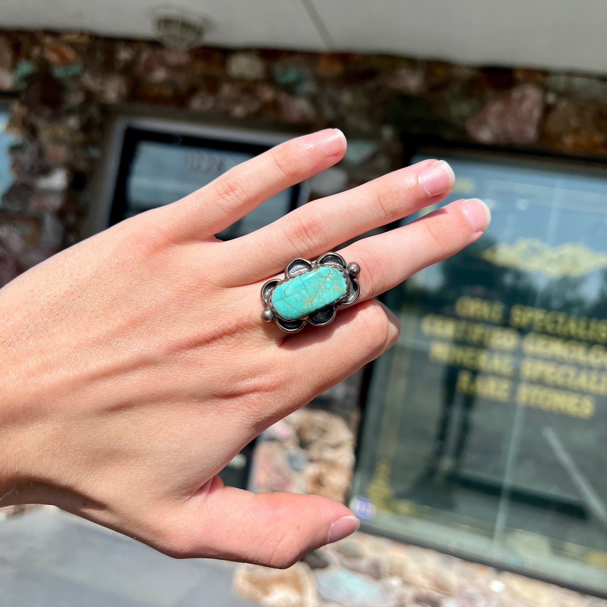 An estate sterling silver turquoise ring.  The ring was handmade by Navajo artist, Roy Buck.