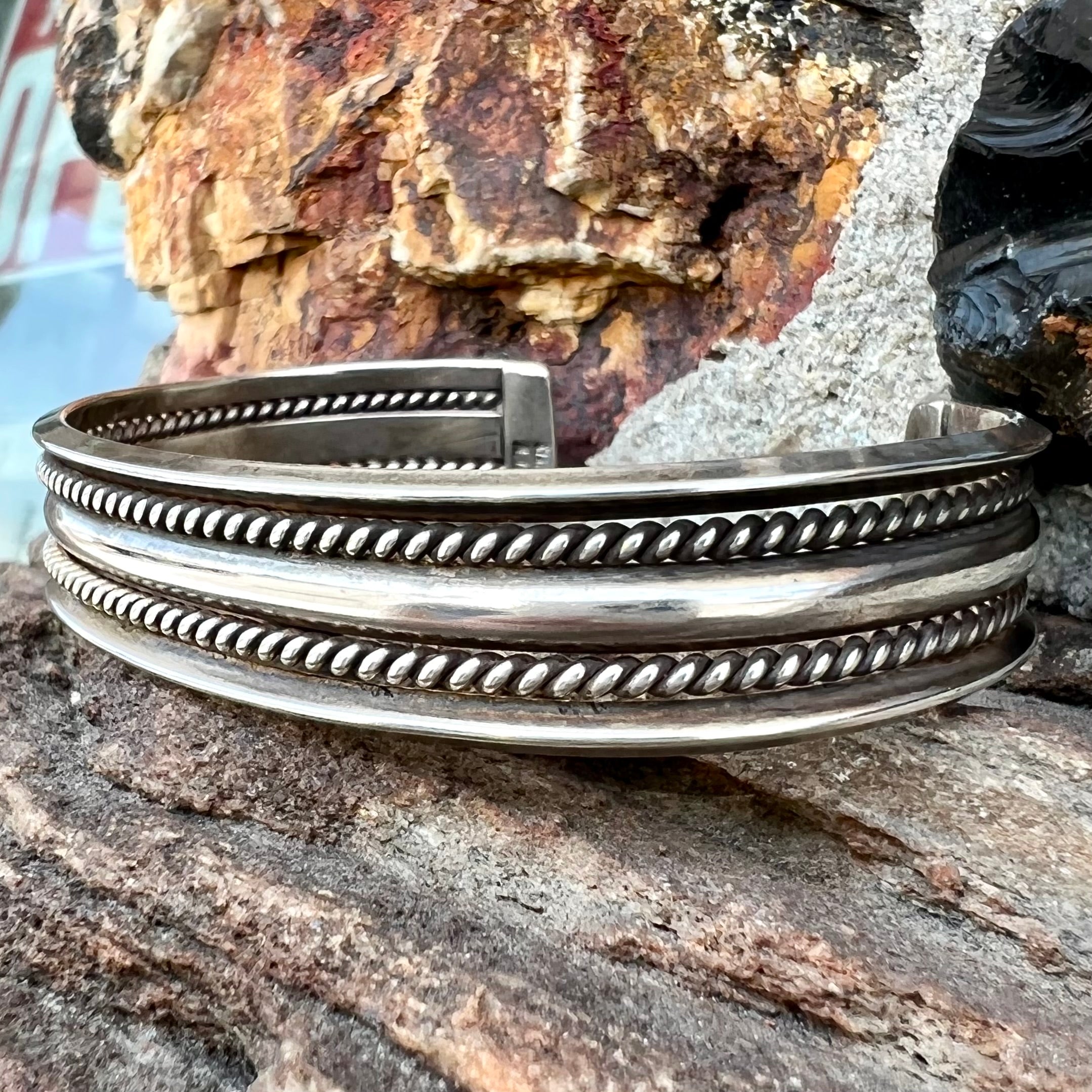 Vintage Handmade Native American Stamped Chevron Sterling Silver Cuff  Bracelet