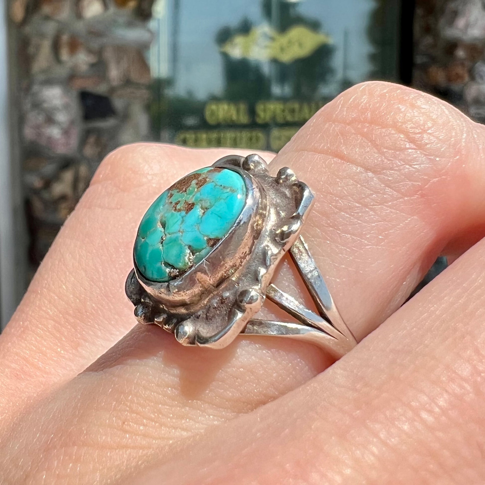 A handmade sterling silver turquoise ring set with a turquoise stone from Pilot Mountain.
