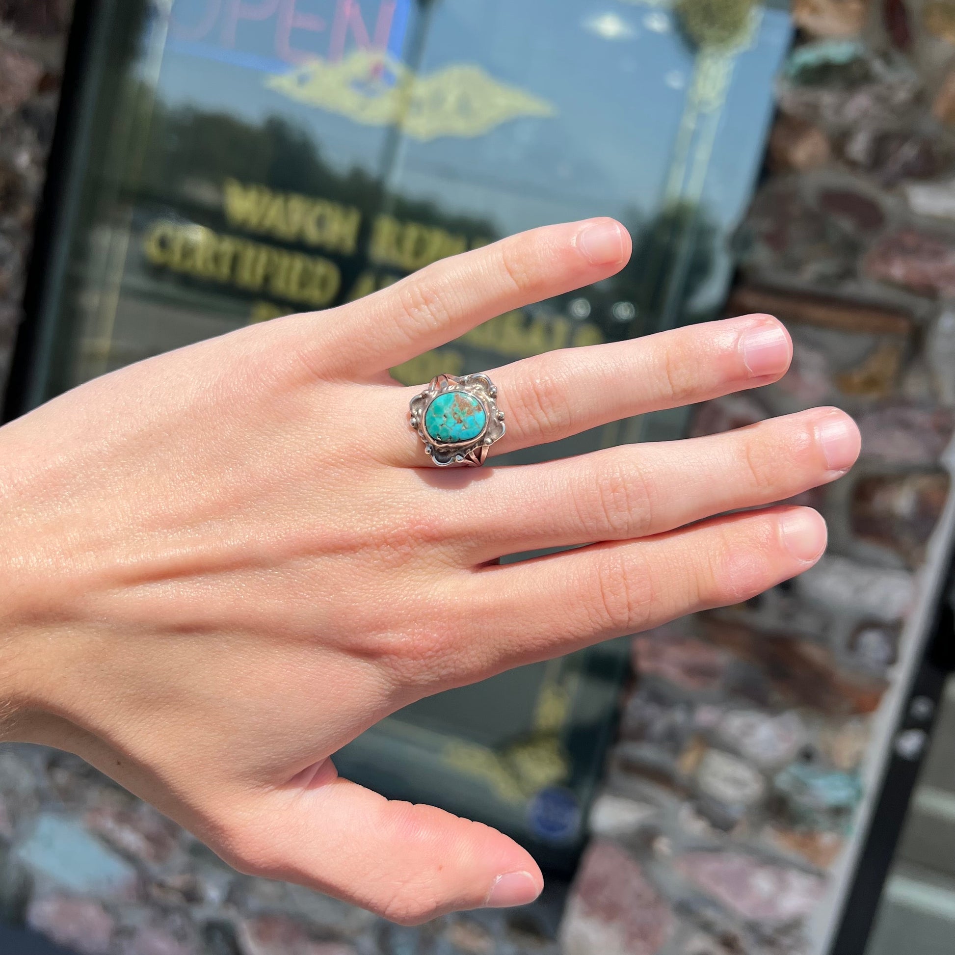 A handmade sterling silver turquoise ring set with a turquoise stone from Pilot Mountain.
