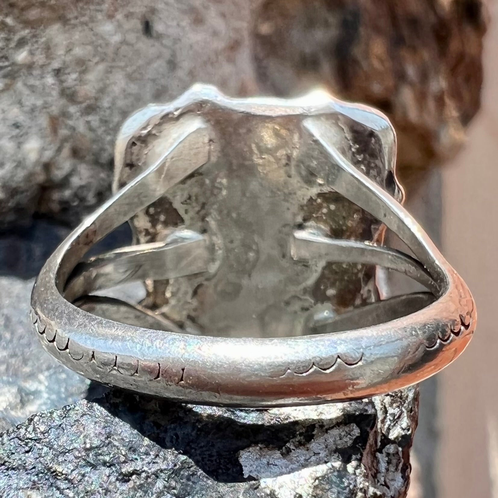A handmade sterling silver turquoise ring set with a turquoise stone from Pilot Mountain.