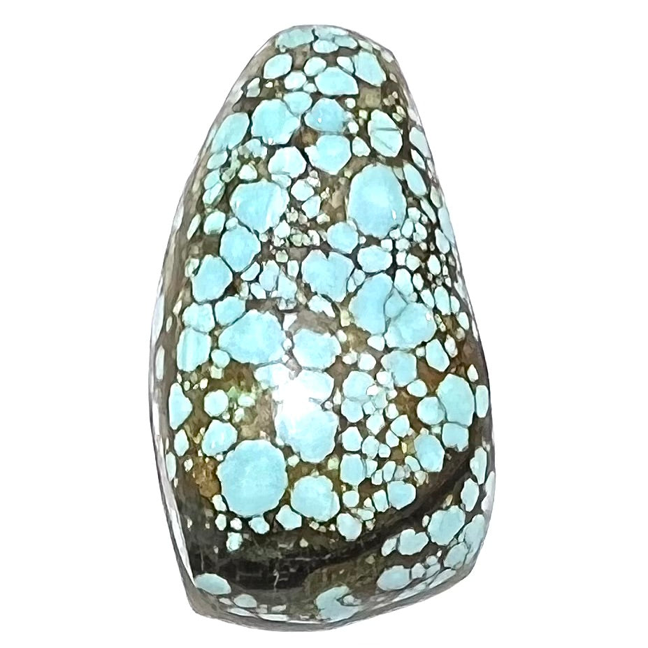 A loose, freeform cabochon cut turquoise stone from Number 8 Mine, Nevada.