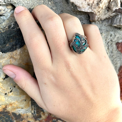 Chrysocolla Ring with Marcasite Swirl Design | Sterling Silver