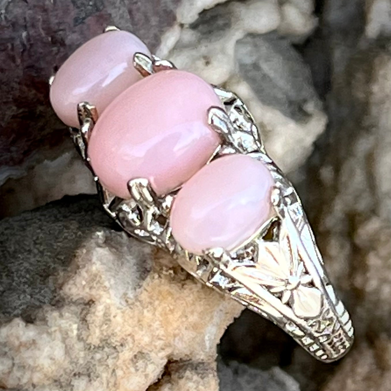 Pink Peruvian Opal Ring Quatrefoil Ring With Peruvian Pink Opal Set In