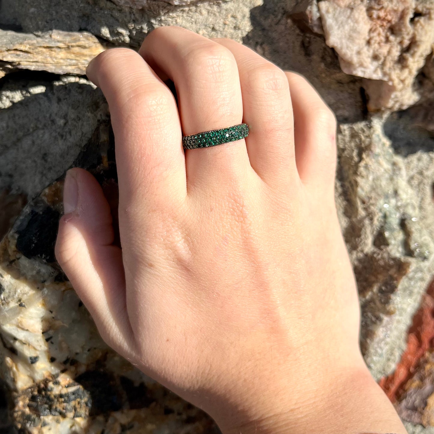 Synthetic Green Gemstone Band | Sterling Silver