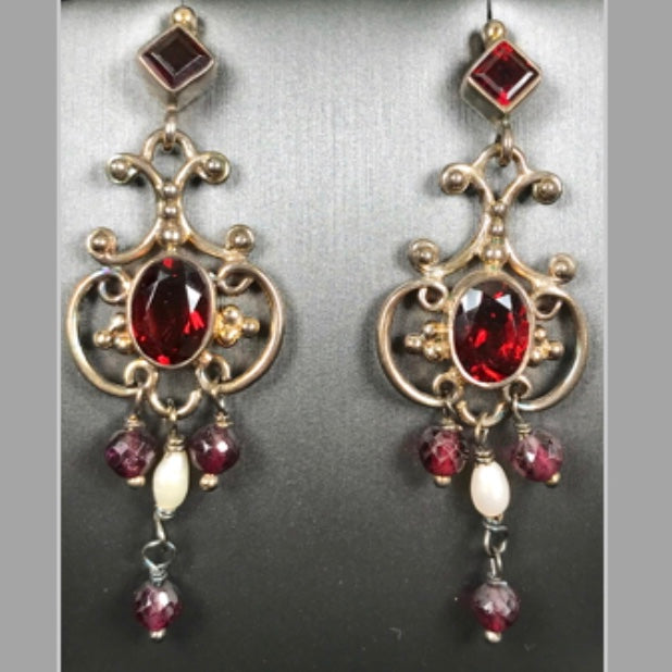 Garnet and pearl silver filigree dangle earrings with post backs.