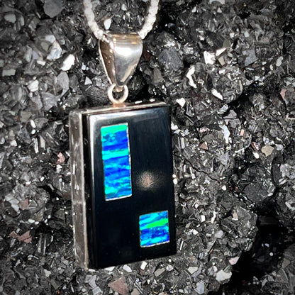 Onyx and Synthetic Opal Inlay Pendant | Sterling Silver