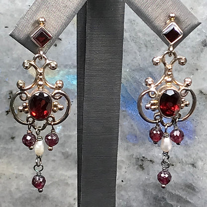 Garnet and pearl silver filigree dangle earrings with post backs.