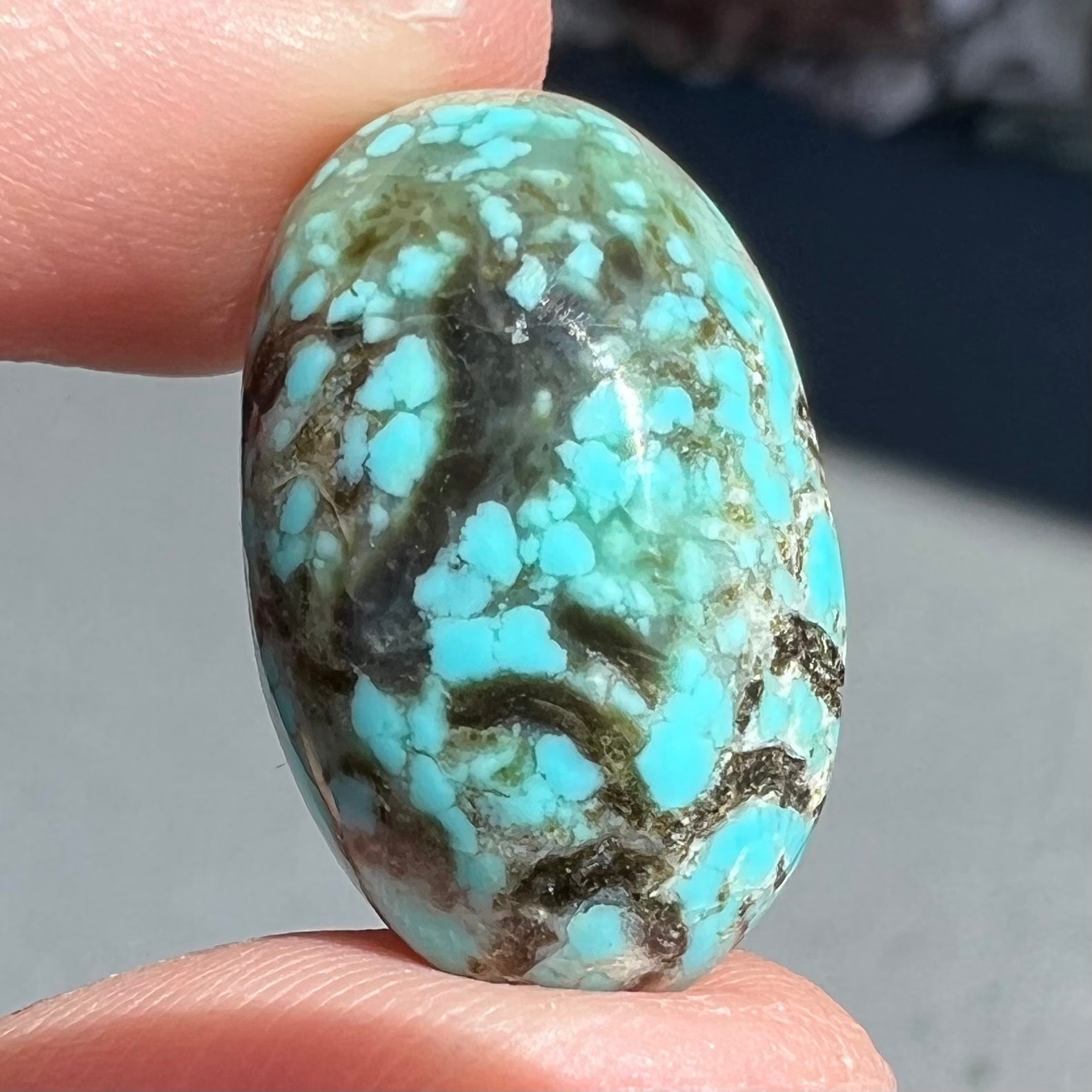 A loose, oval cabochon cut turquoise stone from Valley Blue Mine in Lander County, Nevada.