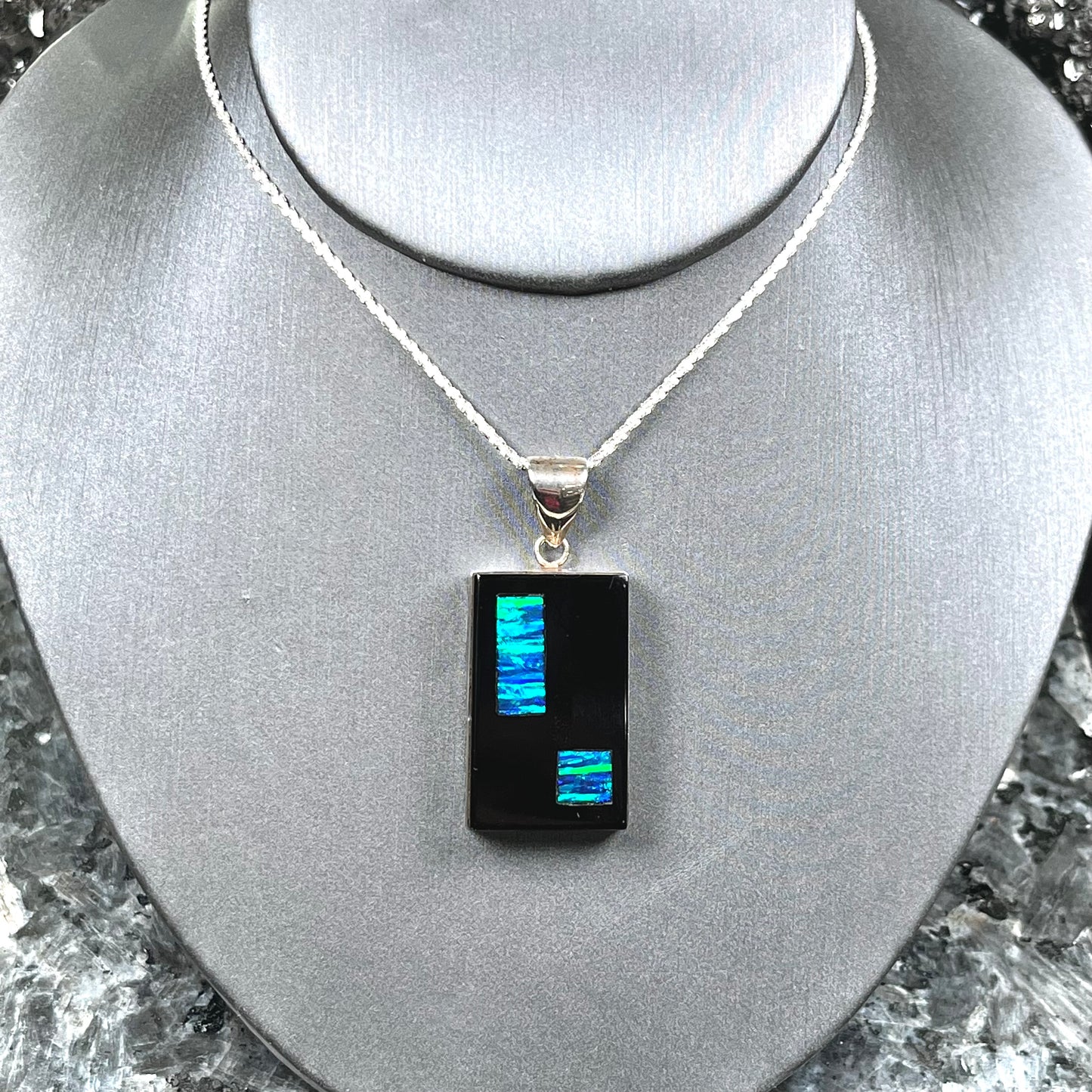 Onyx and Synthetic Opal Inlay Pendant | Sterling Silver
