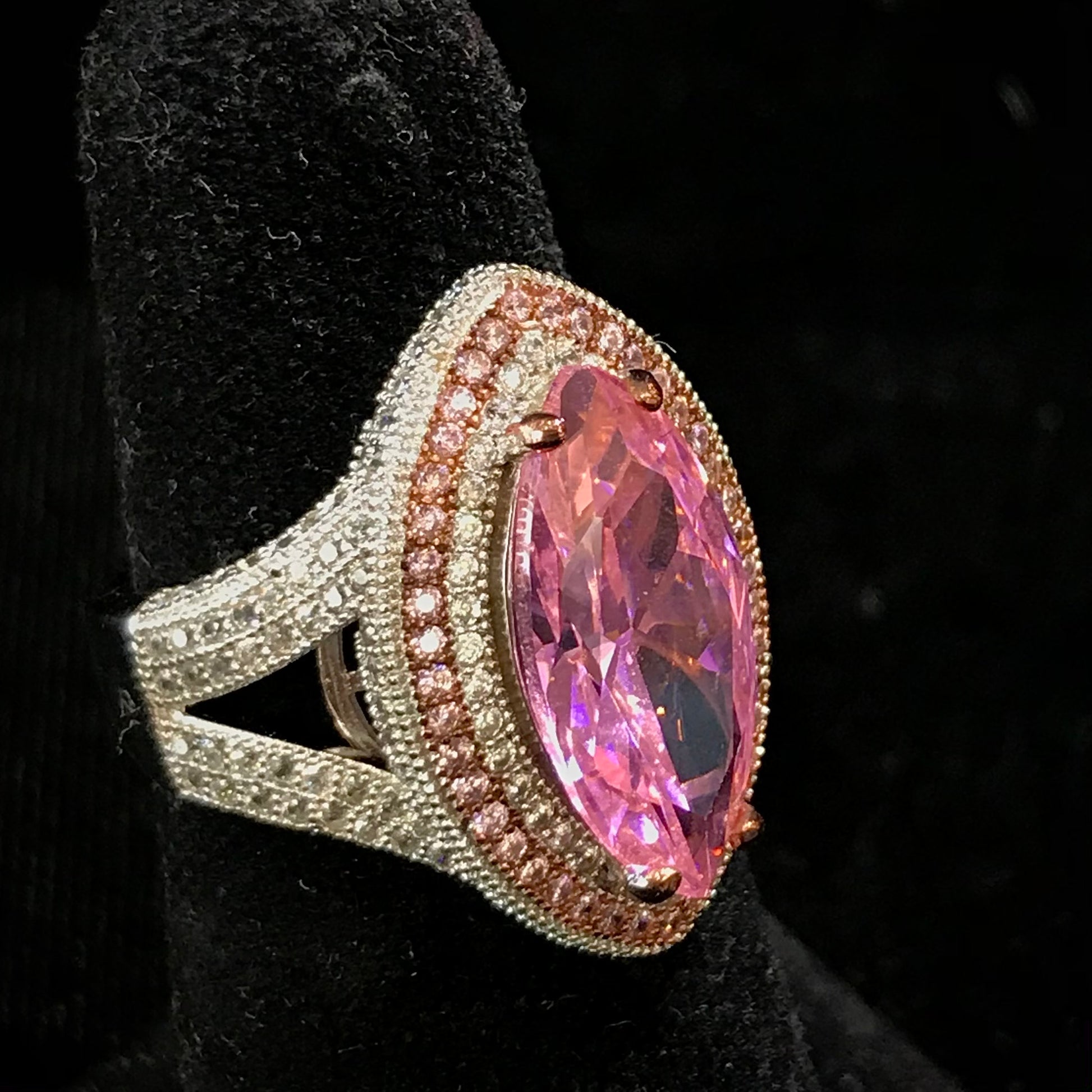 Pink marquee cubic zirconia ring set in sterling silver.