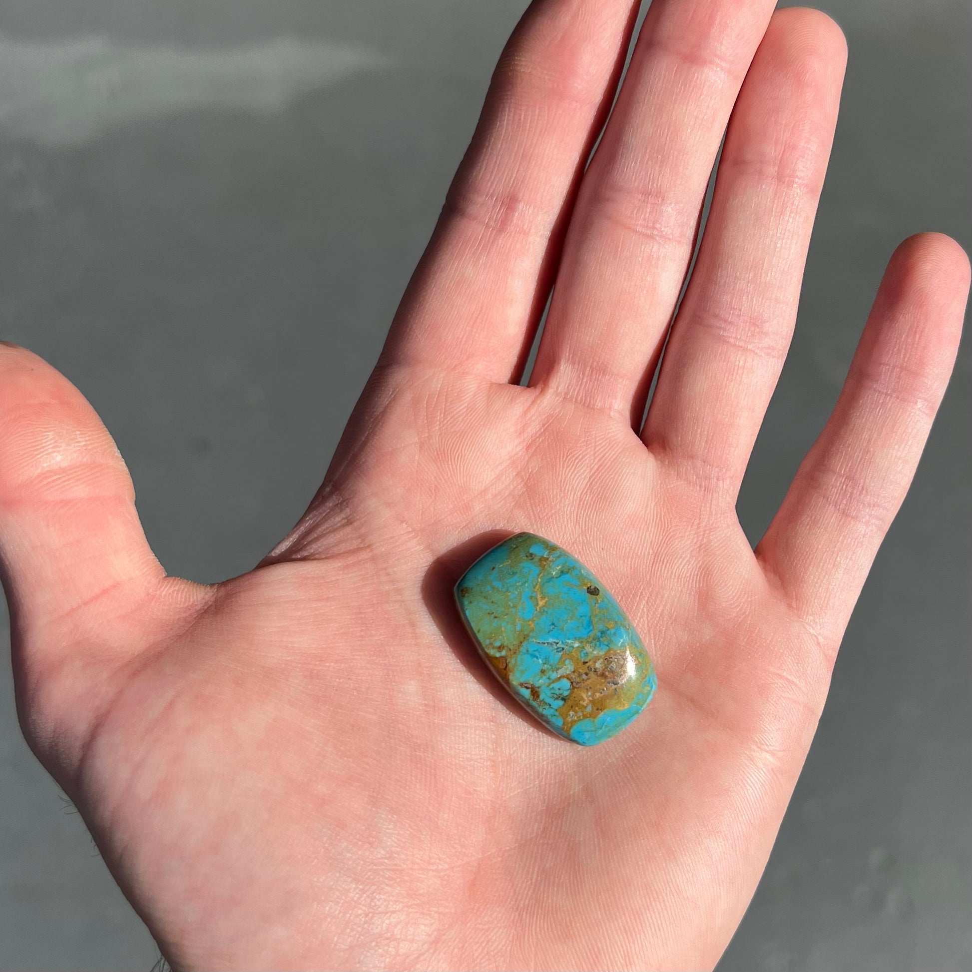 A loose, barrel cabochon cut turquoise stone from Manassa, Colorado.  The piece is blue with yellow matrix.