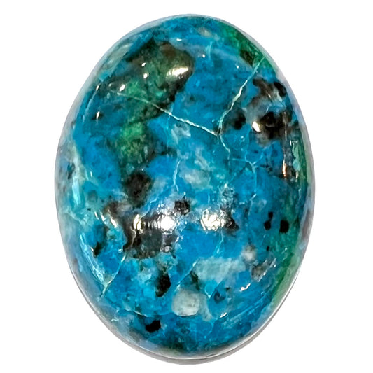 An oval cabochon cut blue chrysocolla with green malachite inclusions.