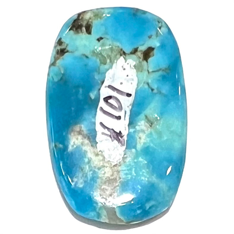 A blue barrel cabochon cut turquoise stone from the Sleeping Beauty Mine.