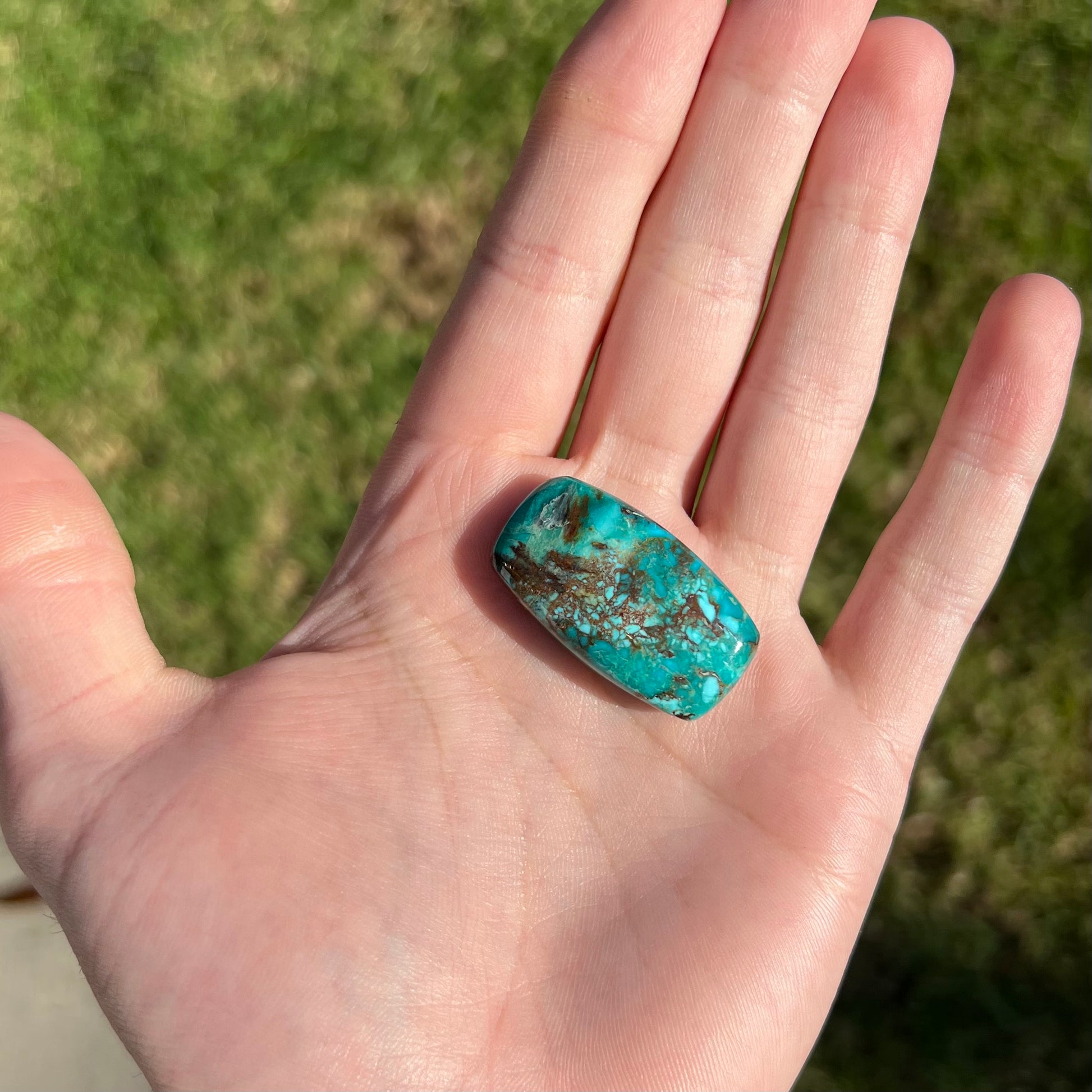 A loose turquoise stone from Royston Mining District, Nevada.  The stone is blue green with brown matrix veining.