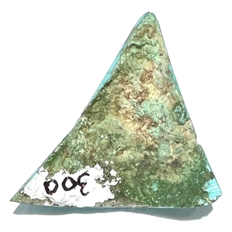 A polished triangular specimen of Bisbee, Arizona turquoise.