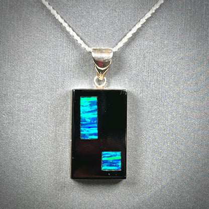 Onyx and Synthetic Opal Inlay Pendant | Sterling Silver