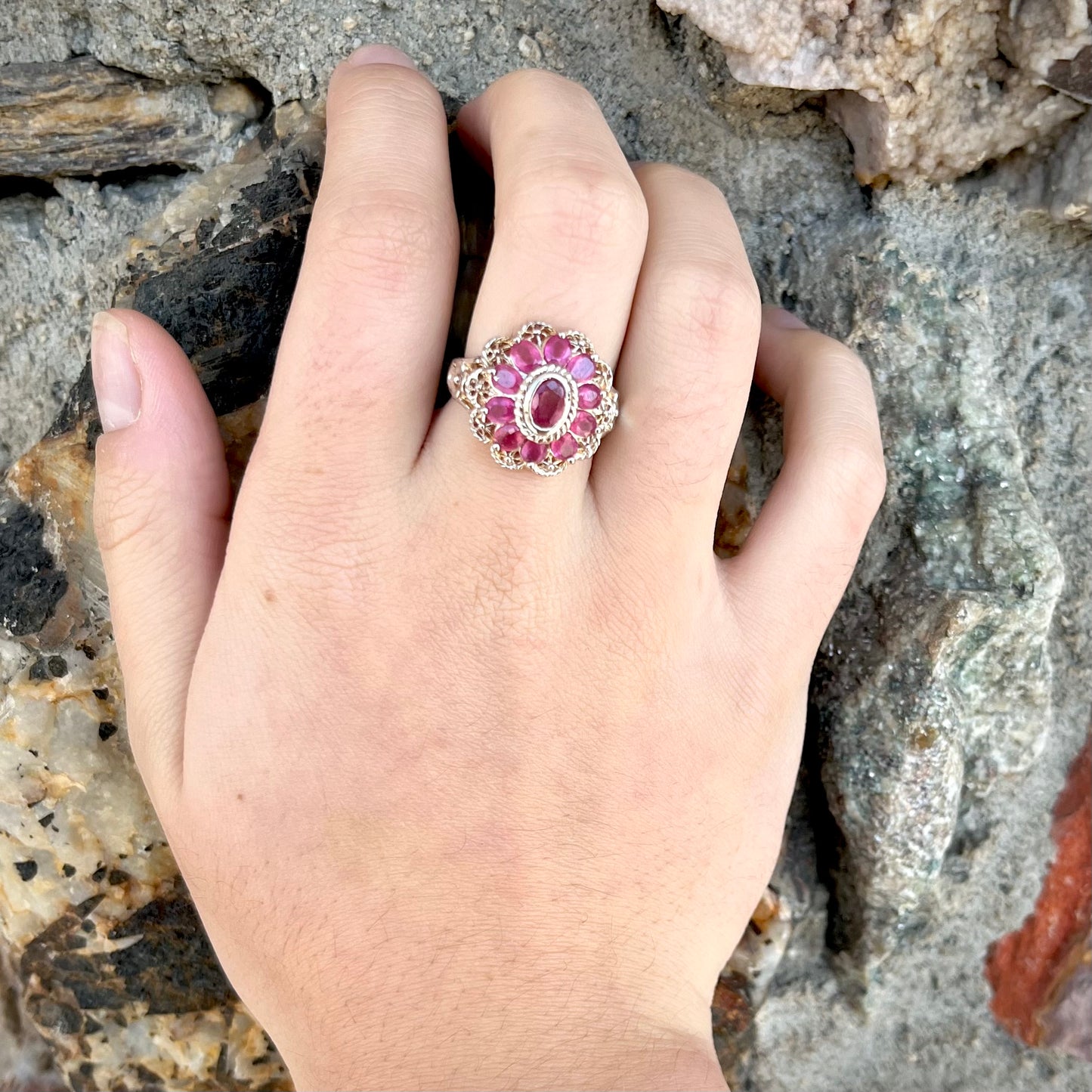 Filigree Scalloped Edge Ruby Ring | Sterling Silver