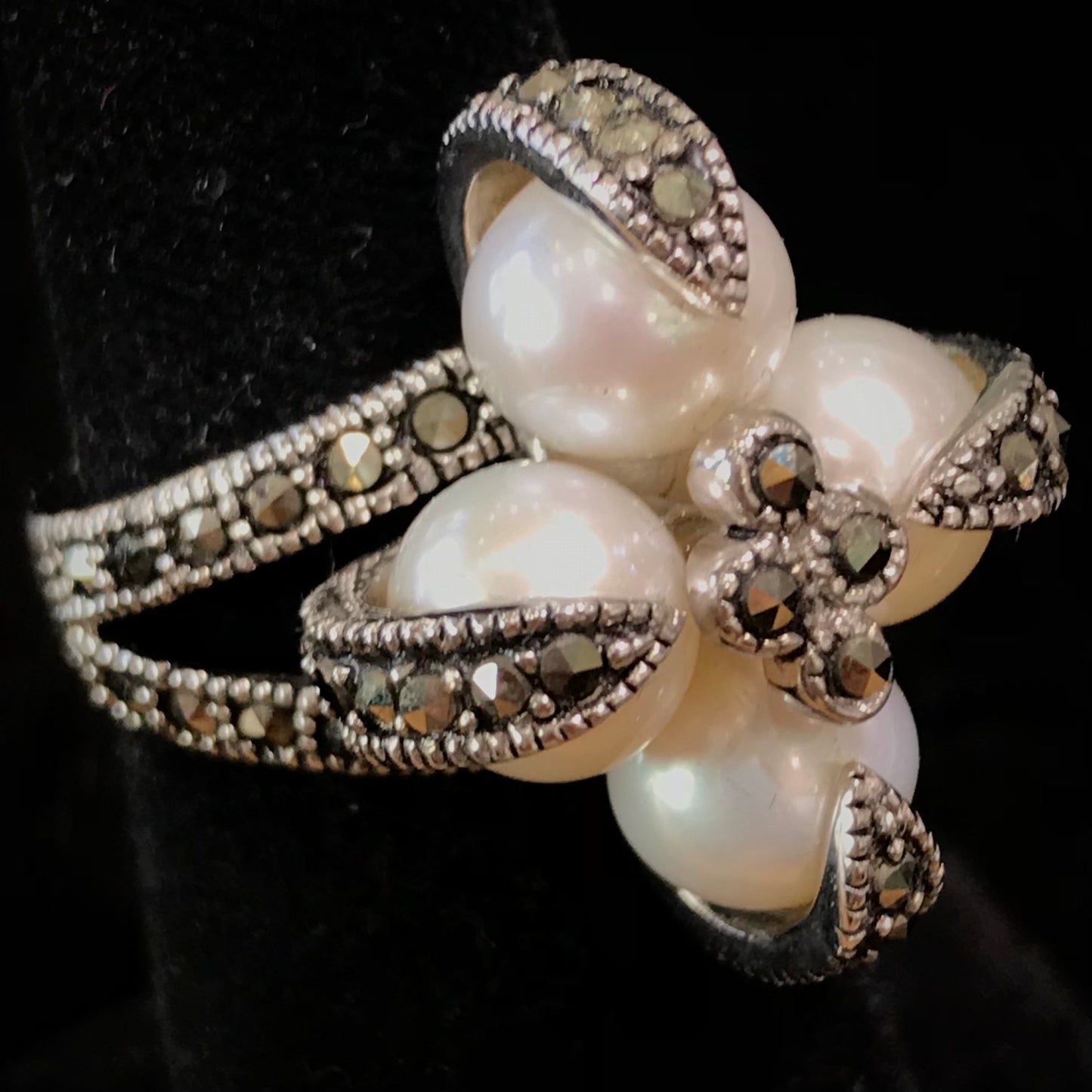 Pearl and marcasite ring set in sterling silver.