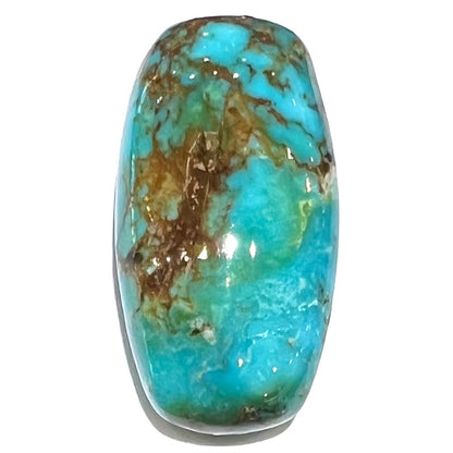 A loose, polished cabochon cut turquoise stone from Royston Mining District, Nevada.