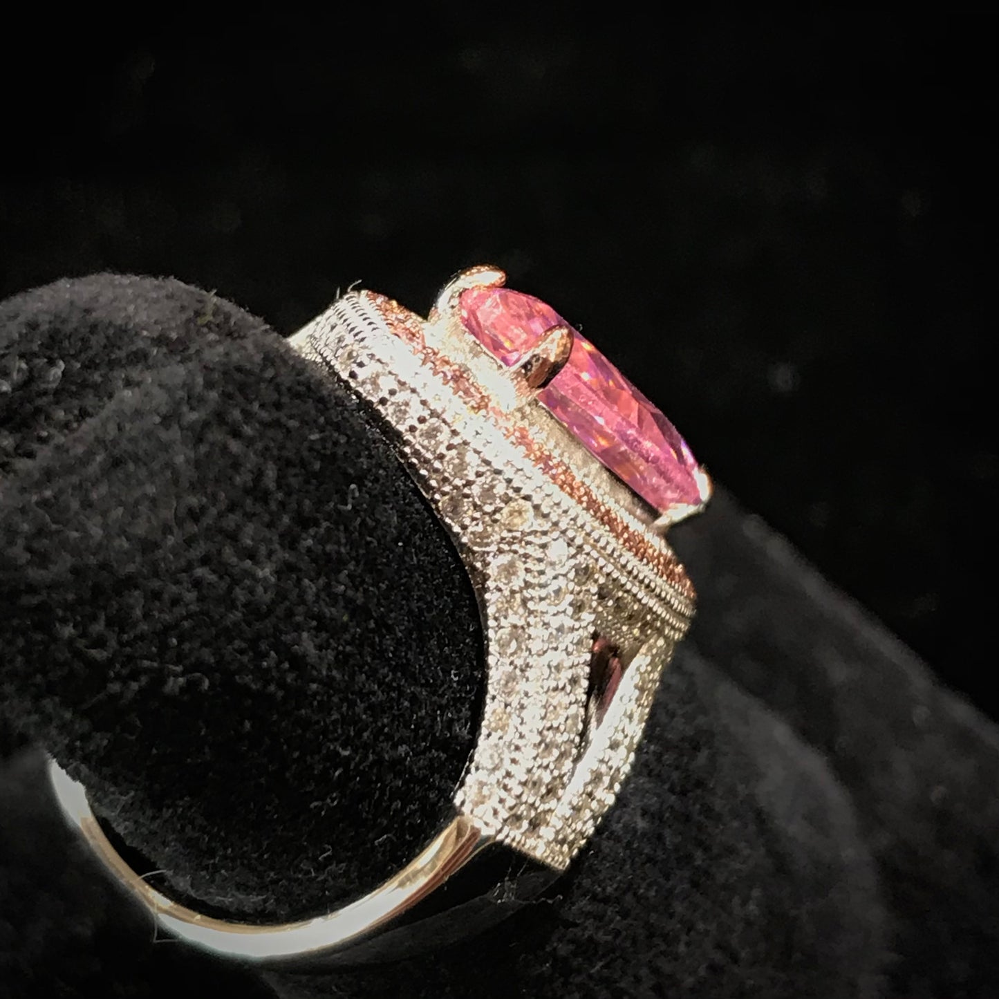 Pink marquee cubic zirconia ring set in sterling silver.