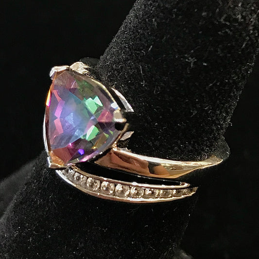 Mystic topaz ring with cubic zirconia side stones set in sterling silver with a double band design.