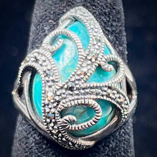 Chrysocolla Ring with Marcasite Swirl Design | Sterling Silver