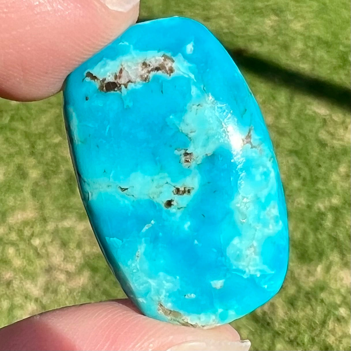 A blue barrel cabochon cut turquoise stone from the Sleeping Beauty Mine.