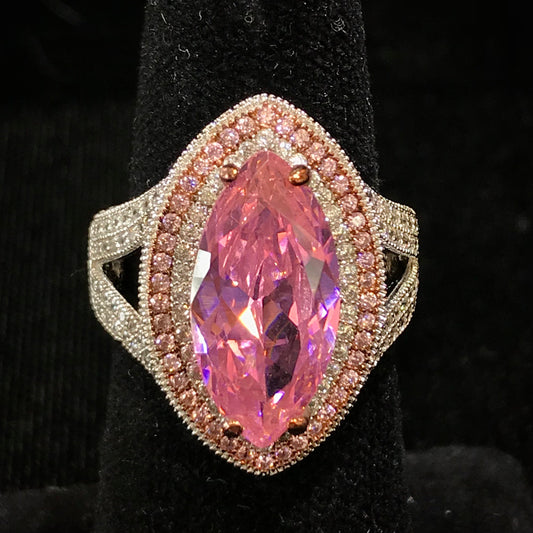 Pink marquee cubic zirconia ring set in sterling silver.