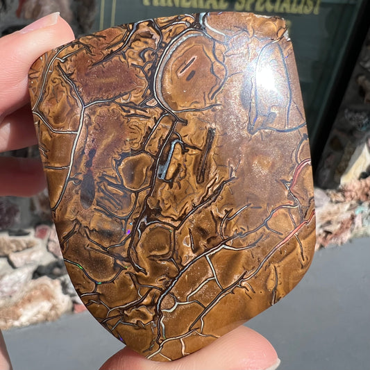A polished piece of boulder opal stone from Koroit, Australia.