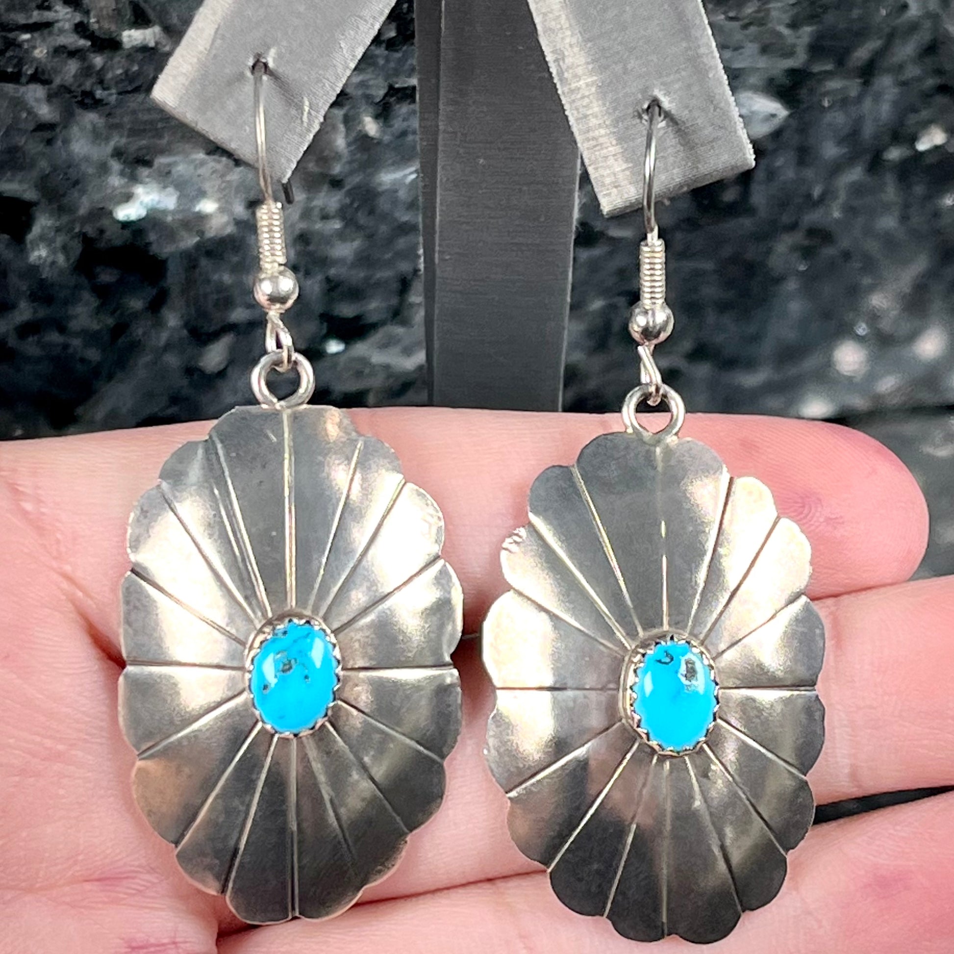 Classic Sterling Silver Flower Burst Concho Earrings with Simulated Turquoise