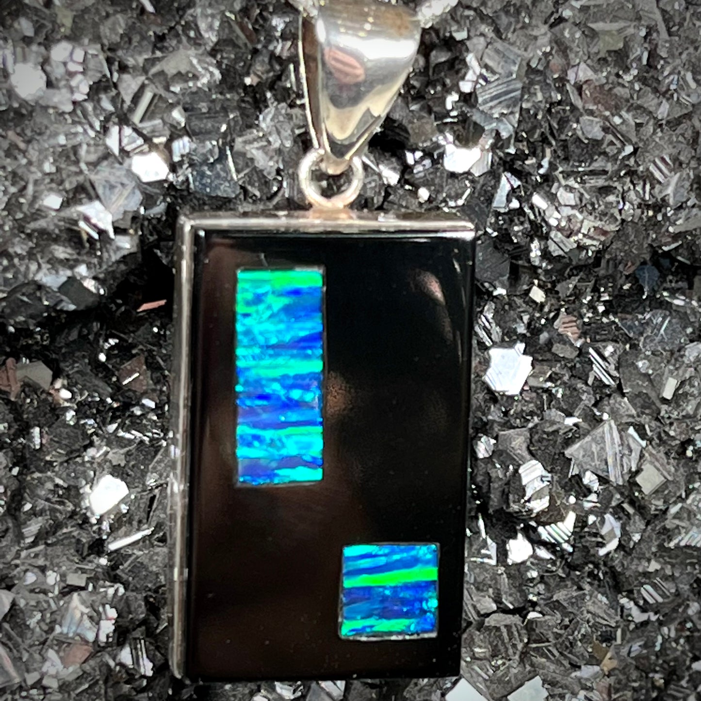 Onyx and Synthetic Opal Inlay Pendant | Sterling Silver