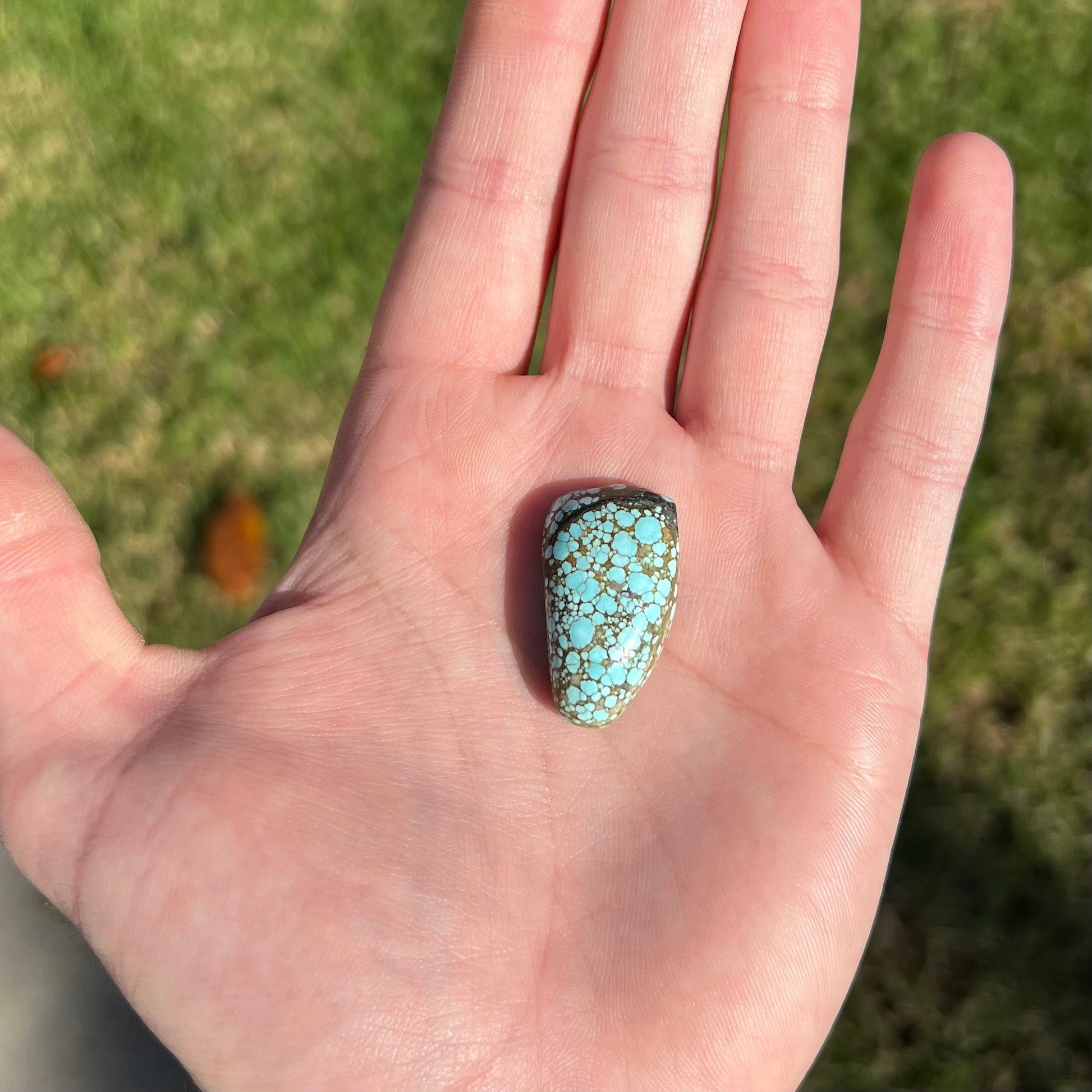 A loose, freeform cabochon cut turquoise stone from Number 8 Mine, Nevada.