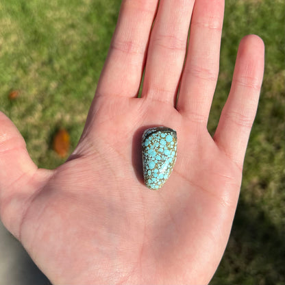 A loose, freeform cabochon cut turquoise stone from Number 8 Mine, Nevada.